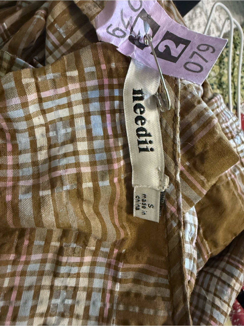 Plaid Bow Tie-Front Peasant Top in olive green plaid never worn - Picture 4 of 4